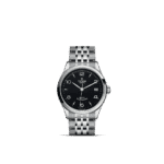 Tudor stainless steel wristwatch with black dial, luminous markers, and date display for modern elegance.