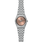 Elegant Tudor wristwatch with rose-gold dial, diamond hour markers, and stainless steel bracelet.