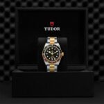 Luxurious Tudor watch in elegant packaging with black dial and gold accents displayed on cushion.