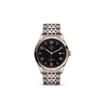 Elegant Tudor watch in stainless steel with rose gold accents and textured black dial.