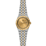 Luxurious Tudor watch with golden dial, diamond markers, and stainless-steel bracelet for style and elegance.