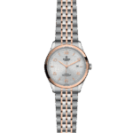 Elegant Tudor watch with polished stainless steel and rose gold accents, featuring a textured silver dial.