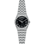 Elegant Tudor watch with polished stainless steel, black dial, Roman numerals, and practical date function.