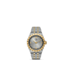 Elegant Tudor wristwatch in stainless steel and gold with diamond accents and Roman numeral markers.