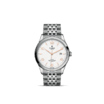 Elegant Tudor watch with stainless steel case, white dial, rose gold accents, and date display.