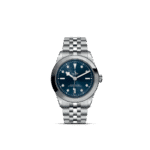 Elegant Tudor wristwatch with blue dial, stainless steel case, and automatic chronometer certification.