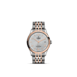 Sophisticated Tudor watch with stainless steel and rose gold accents, featuring a textured silver dial.