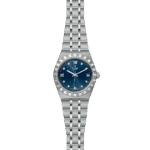 Elegant Tudor watch with deep blue dial, Roman numerals, and stainless steel bracelet.