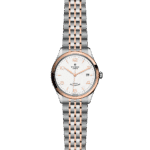 Elegant Tudor watch with rose gold bezel and dual-tone stainless steel bracelet.