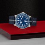 Stylish luxury watch with blue dial, stainless steel frame, and durable textile strap.