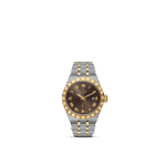 Tudor luxury watch with stainless steel and gold, featuring a brown dial and Roman numerals.
