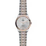 Elegant Tudor wristwatch with stainless steel and rose gold, featuring a textured silver dial.