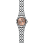Elegant Tudor watch with rose gold dial, stainless steel case, and sophisticated design.