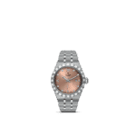 Tudor stainless steel watch with rose gold dial, Roman numerals, diamonds, and date function.