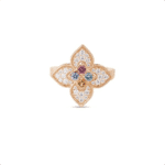 Floral motif ring with colorful gemstones and rose gold, perfect for stylish occasions.