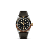 Tudor stainless steel watch with brown ceramic bezel and vintage-inspired black dial design.