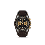 Tudor luxury watch with black dial, gold accents, chronograph features, and brown suede strap.