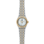 Elegant Tudor wristwatch with mother-of-pearl dial, gold accents, and diamond markers.