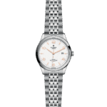 Elegant Tudor watch with a textured white dial, rose gold accents, and stainless steel bracelet.