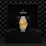 Elegant Tudor watch in luxurious display box, featuring gold-tone case and silver band.