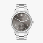 Minimalist NOMOS Glashütte watch with gray dial and stainless steel bracelet, showcasing modern elegance.