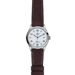 Elegant Tudor wristwatch with stainless steel case, textured dial, and leather strap.