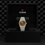 Tudor watch in luxurious box, featuring a dual-tone design and elegant brown dial.