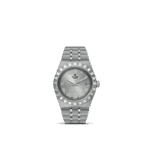 Sleek Tudor watch in polished stainless steel with Roman numerals and interlocking link bracelet.