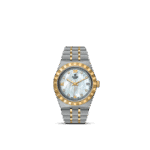 Luxurious Tudor watch with mother-of-pearl dial, diamond markers, and elegant gold accents.