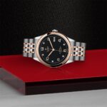 Tudor luxury wristwatch with rose gold bezel on a vibrant red background.