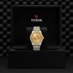 Elegant Tudor watch in a luxurious presentation box, showcasing timeless gold and silver design.
