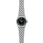 Elegant Tudor stainless steel watch with black dial, Roman numerals, and stylish bracelet.