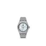 Elegant Tudor watch with mother-of-pearl dial, stainless steel case, and diamond accents.