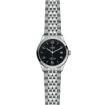 Tudor stainless steel watch with black dial, Arabic numerals, and elegant bracelet design.