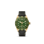 Tudor watch with green dial, gold bezel, and black leather strap, perfect for elegance and functionality.