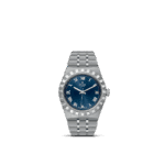 Luxury Tudor watch with stainless steel case, blue dial, and elegant Roman numerals.