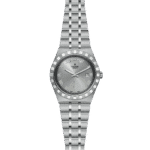 Elegant Tudor watch with stainless steel case, gray dial, Roman numerals, and day/date display.