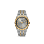 Elegant Tudor wristwatch with silver dial, gold Roman numerals, and versatile steel-gold bracelet.