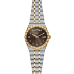 Luxury stainless steel and gold wristwatch with diamond markers and elegant design.