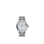 Tudor wristwatch featuring a stainless steel case, white dial, and blue accents for elegance.