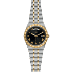Elegant Tudor watch with stainless steel and gold accents, featuring Roman numerals and day-date complication.