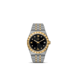 Elegant stainless steel and gold watch with diamond markers and a luxurious black dial.