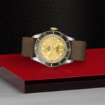 Stylish gold dial watch on textured black background with fabric strap and red acrylic base.