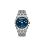 Elegant Tudor watch with stainless steel case, blue dial, and day-date display.