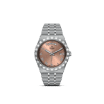 Elegant Tudor watch in stainless steel with rose gold dial and Roman numeral markers.