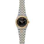 Stylish Tudor watch with gold and stainless steel design, featuring a black dial and date function.
