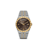 Elegant Tudor watch with gold accents, diamond hour markers, and a rich brown dial.