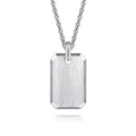 Stylish silver dog tag pendant on a robust chain, blending elegance and minimalism.