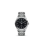 Elegant Tudor wristwatch with black textured dial, luminous markers, and stainless steel bracelet.