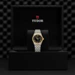 Luxury Tudor watch in a stylish presentation box with gold and stainless steel accents.